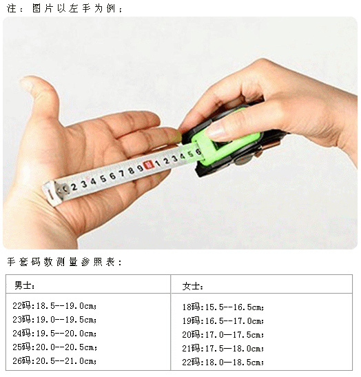 手套码数测量方法:以靠近手腕的第一条线为起点垂直延长至中指